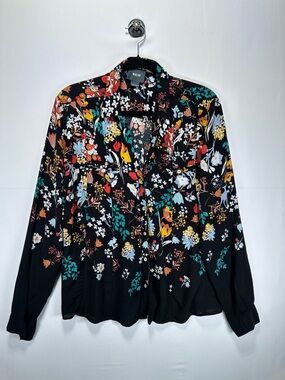 Maeve Anthropologie Floral Animal Print Blouse Black Rayon Boho Nature Size 12